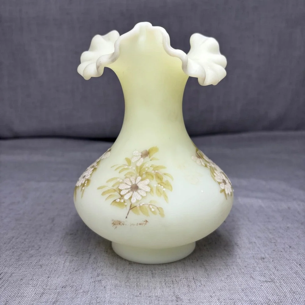 Vintage Fenton Custard Glass Uranium Vase Hand Painted Daisy Ruffled Edge Signed